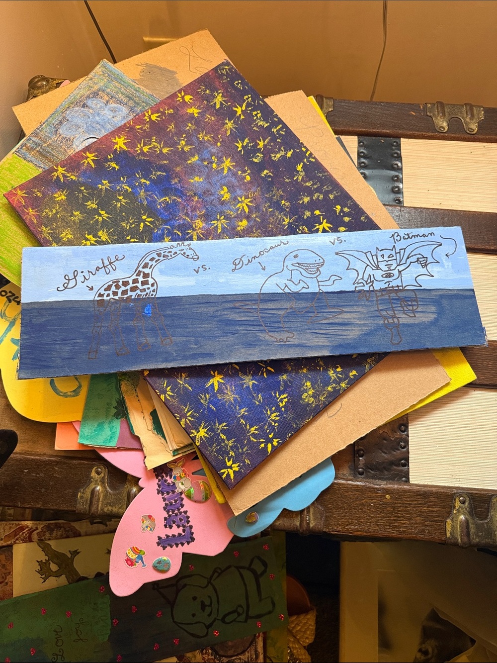 Hand-Painted Blue Giraffe vs Dinosaur vs Batman Panel Art